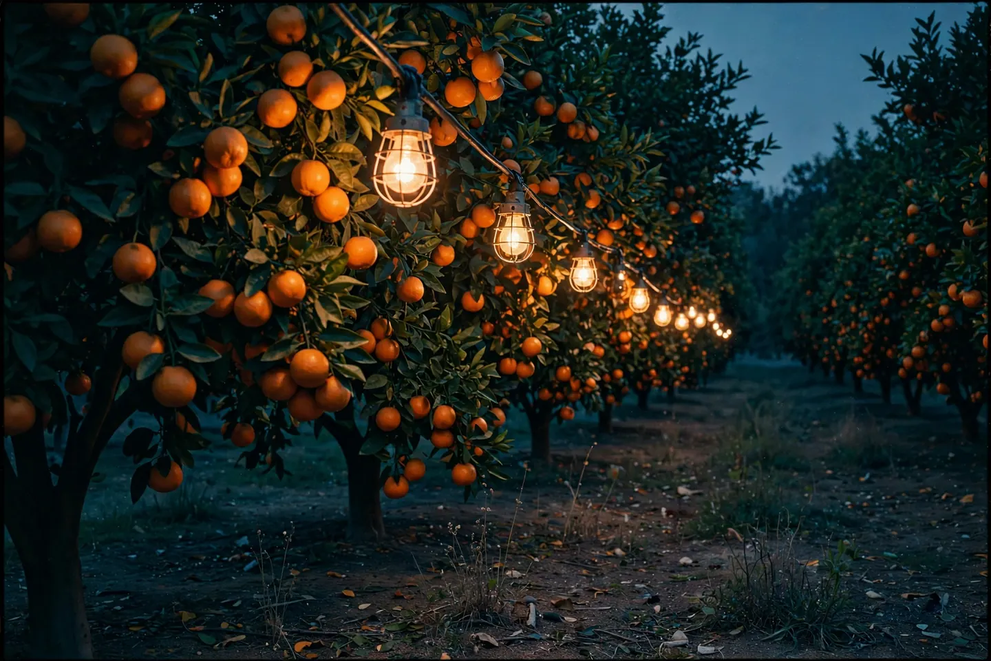 Citrus grove row at dusk strung with warm work lights
