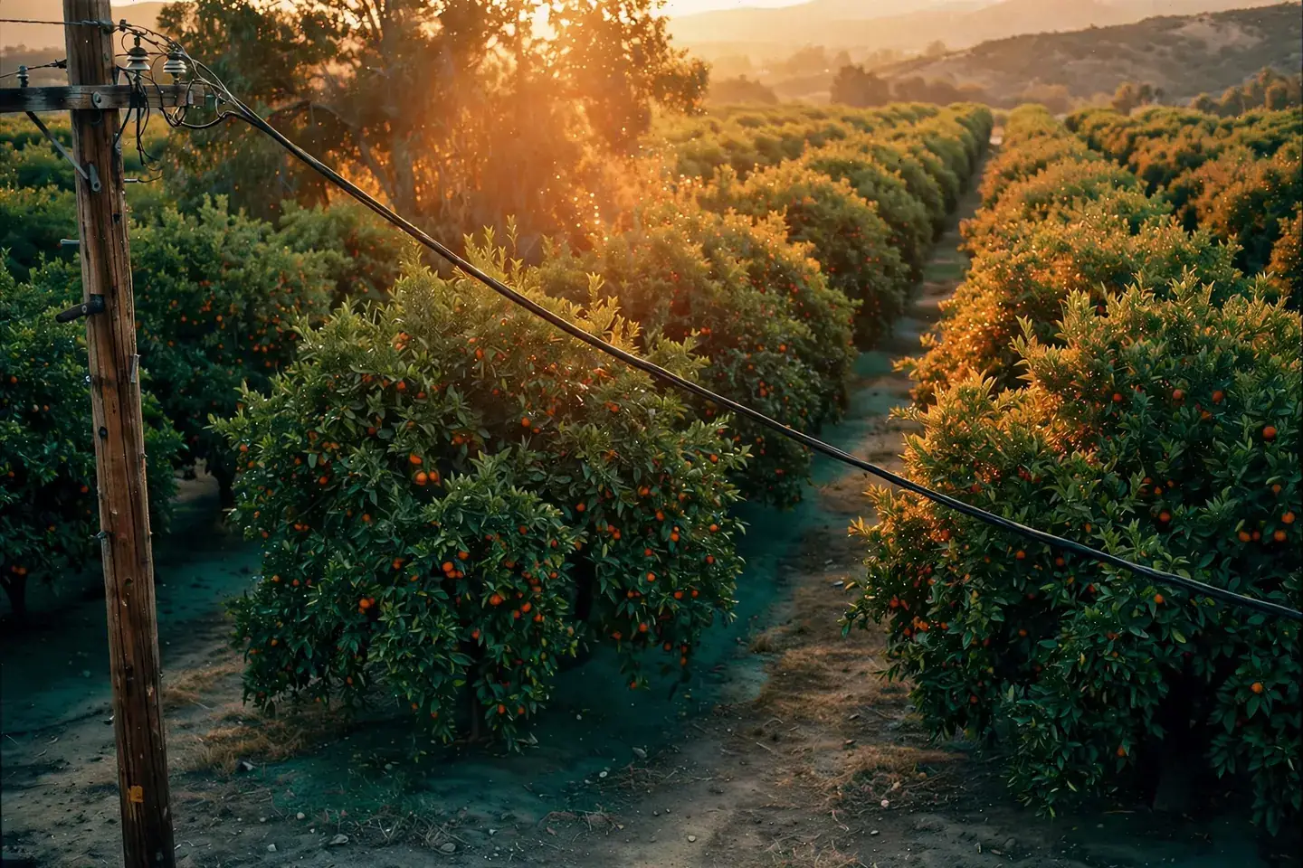Orange grove rows at golden hour in Riverside with an overhead electrical service wire